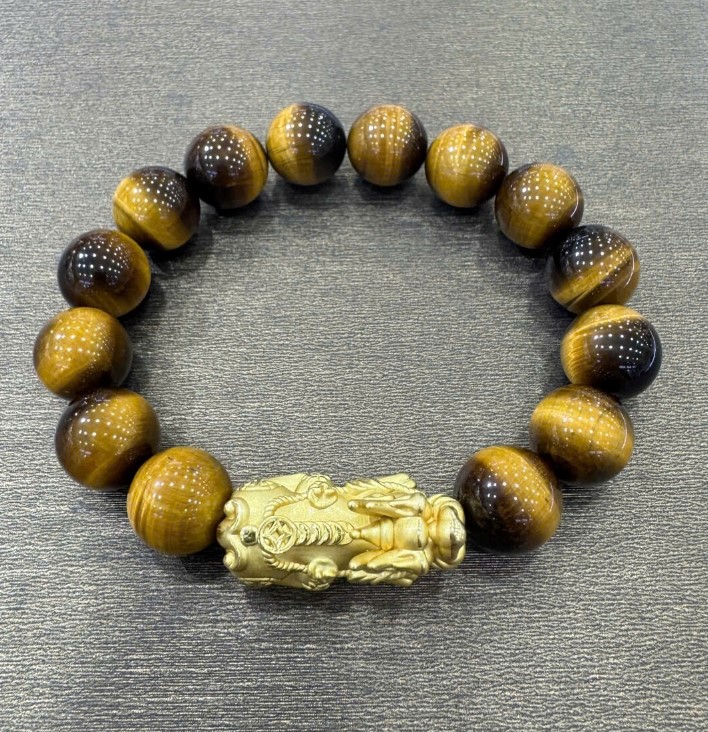 Vòng Thạch Anh Mắt Hổ vàng nâu 14mm mix tỳ hưu bạc mạ vàng