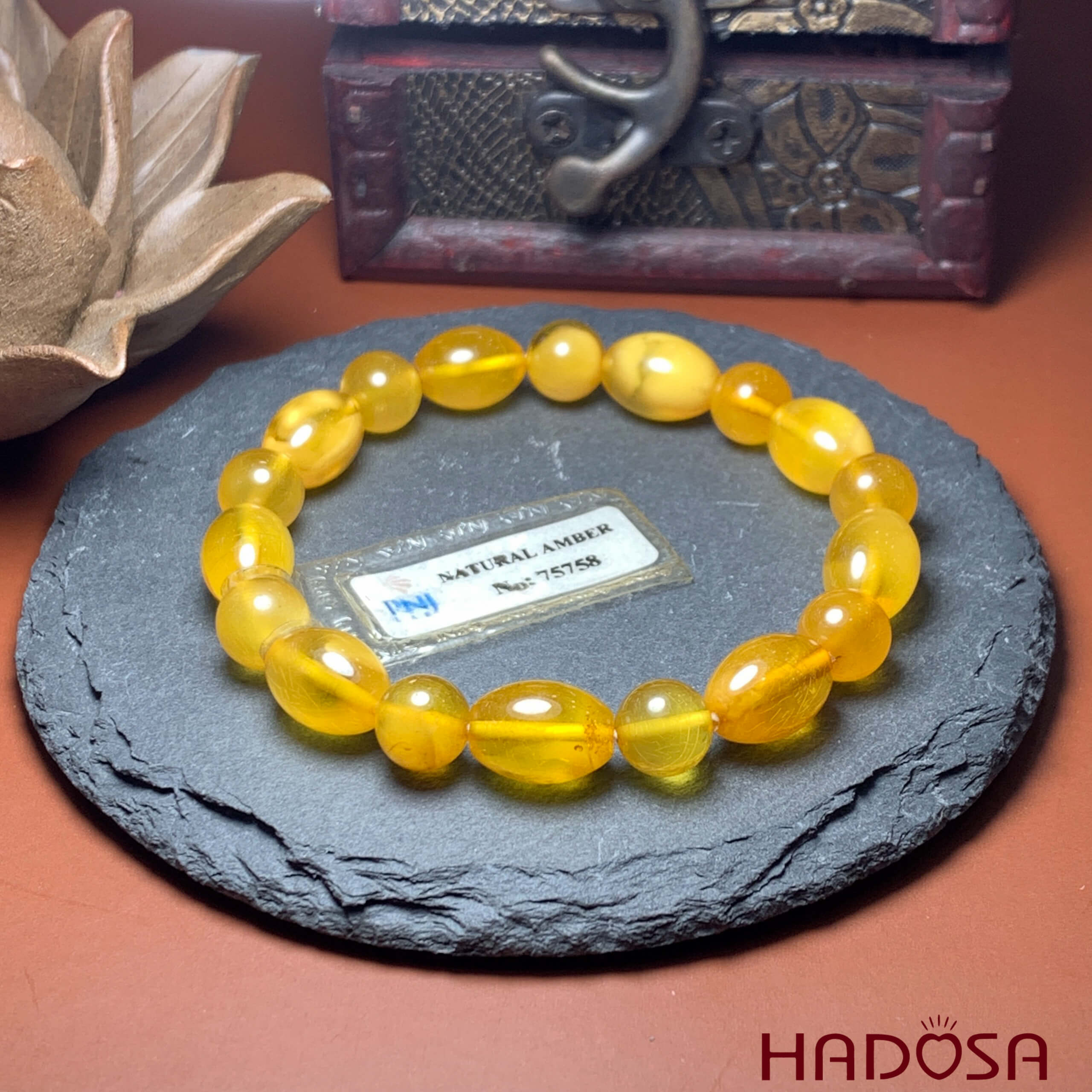 Vòng Hổ Phách Baltic vàng trong hạt olive 9mm