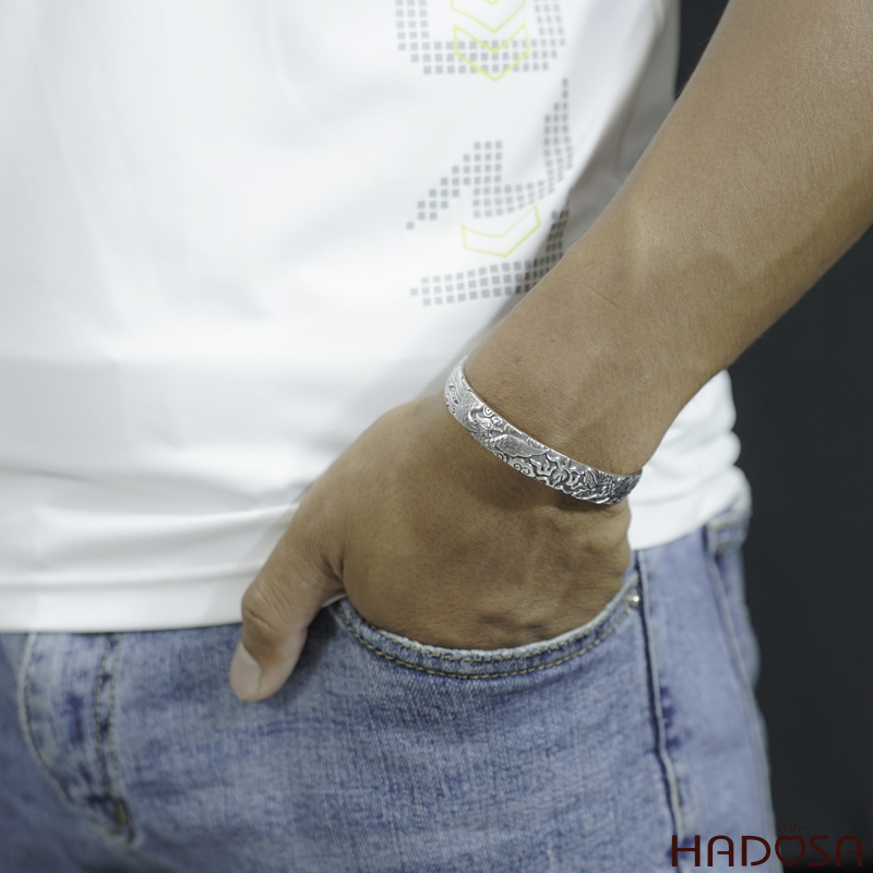 Vòng kiềng bạc Thái handmade chạm Rồng - Phụng