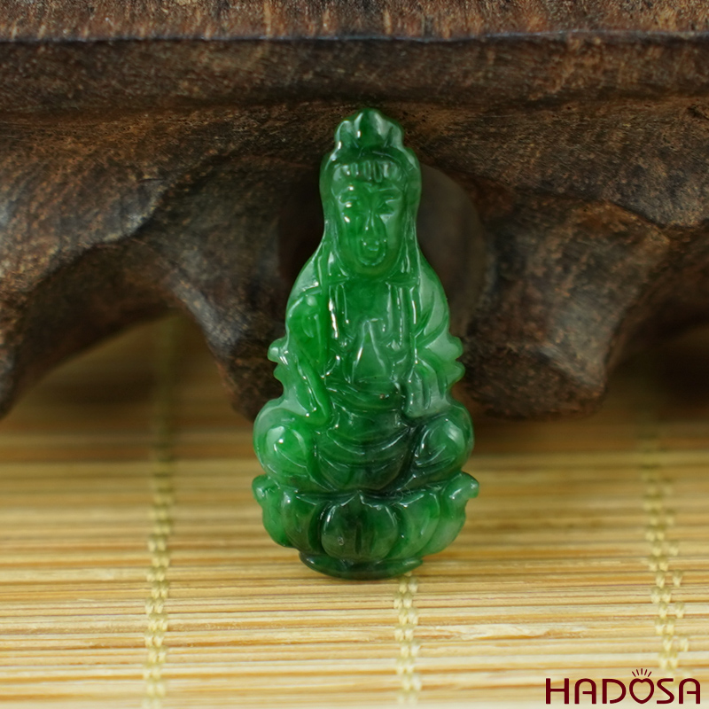 Mặt Quan Âm Cẩm Thạch xanh lý đậm 28x13x4mm HADOSA