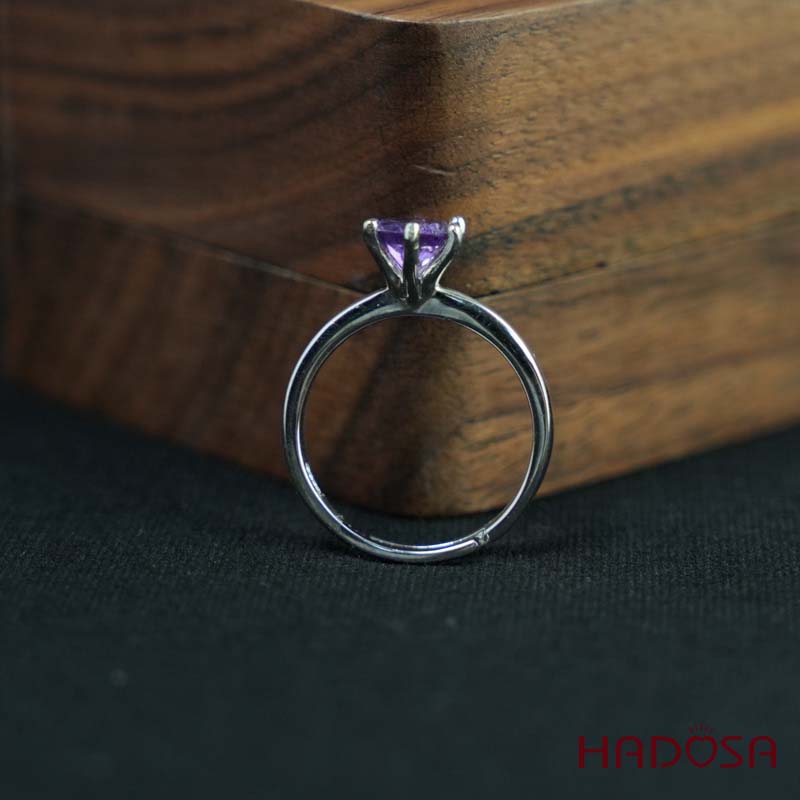 Nhẫn đính đá Thạch anh tím tròn 6mm bạc 925