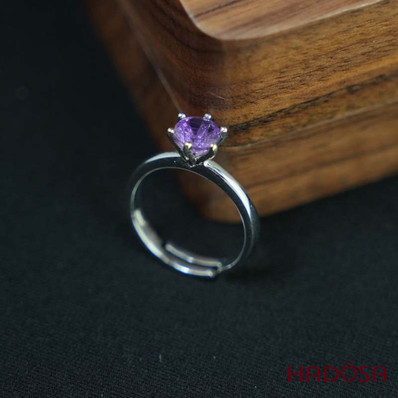 Nhẫn đính đá Thạch anh tím tròn 6mm bạc 925