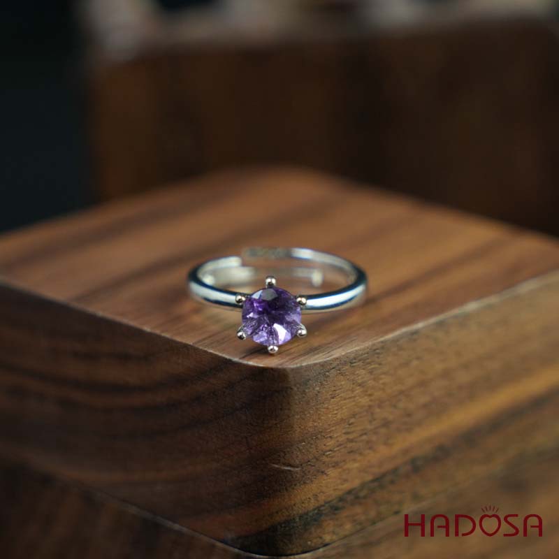 Nhẫn đính đá Thạch anh tím tròn 6mm bạc 925