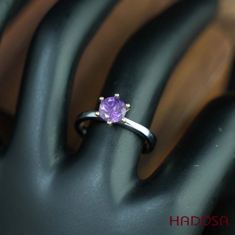 Nhẫn đính đá Thạch anh tím tròn 6mm bạc 925