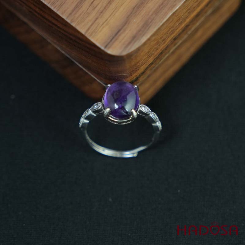 Nhẫn đính đá Thạch anh tím oval 9x11mm bạc 925