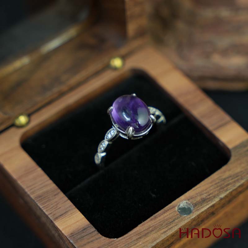 Nhẫn đính đá Thạch anh tím oval 9x11mm bạc 925