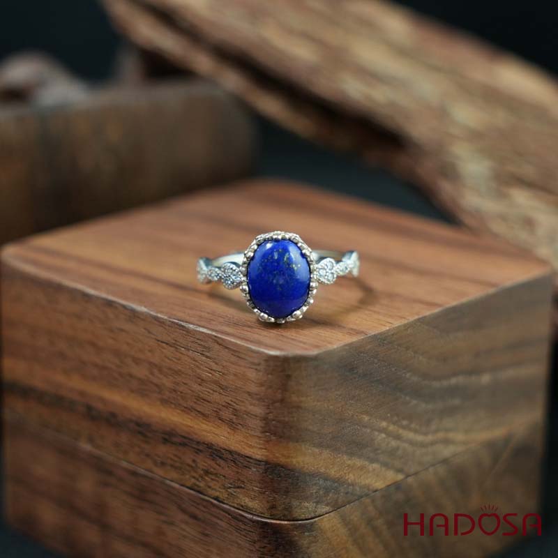 Nhẫn đính đá Lapis oval 7x9mm bạc 925
