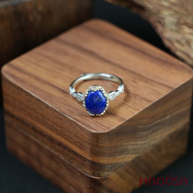 Nhẫn đính đá Lapis oval 7x9mm bạc 925