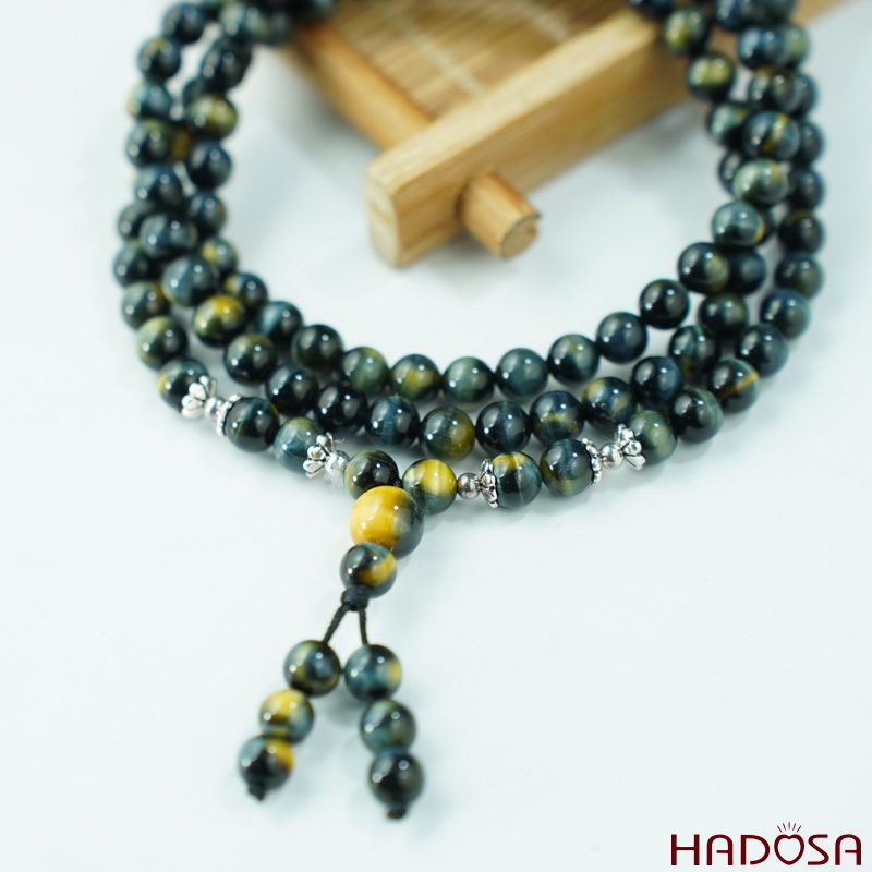 Vòng chuỗi 108 hạt mắt hổ xanh đen 6mm