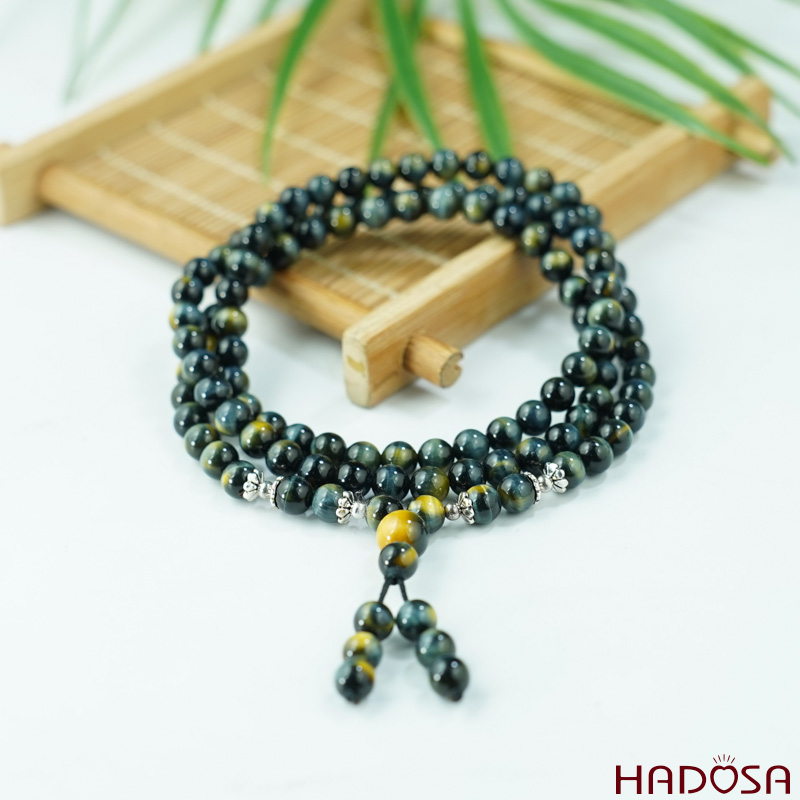 Vòng chuỗi 108 hạt mắt hổ xanh đen 6mm