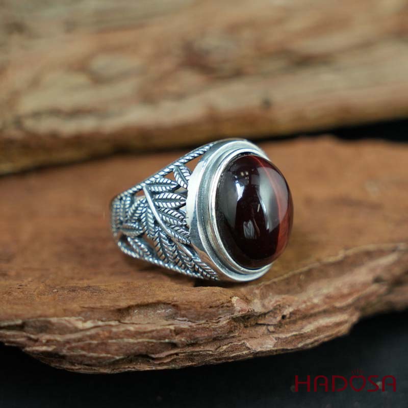 Nhẫn bạc 925 mặt đá mắt hổ nâu đỏ 12x16mm