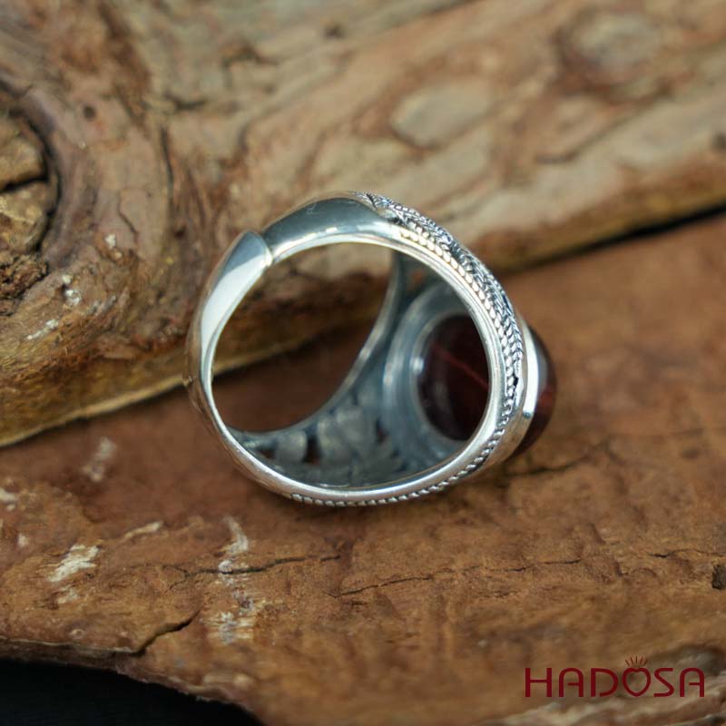 Nhẫn bạc 925 mặt đá mắt hổ nâu đỏ 12x16mm