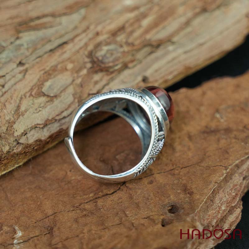 Nhẫn bạc 925 mặt đá mắt hổ nâu đỏ 12x16mm