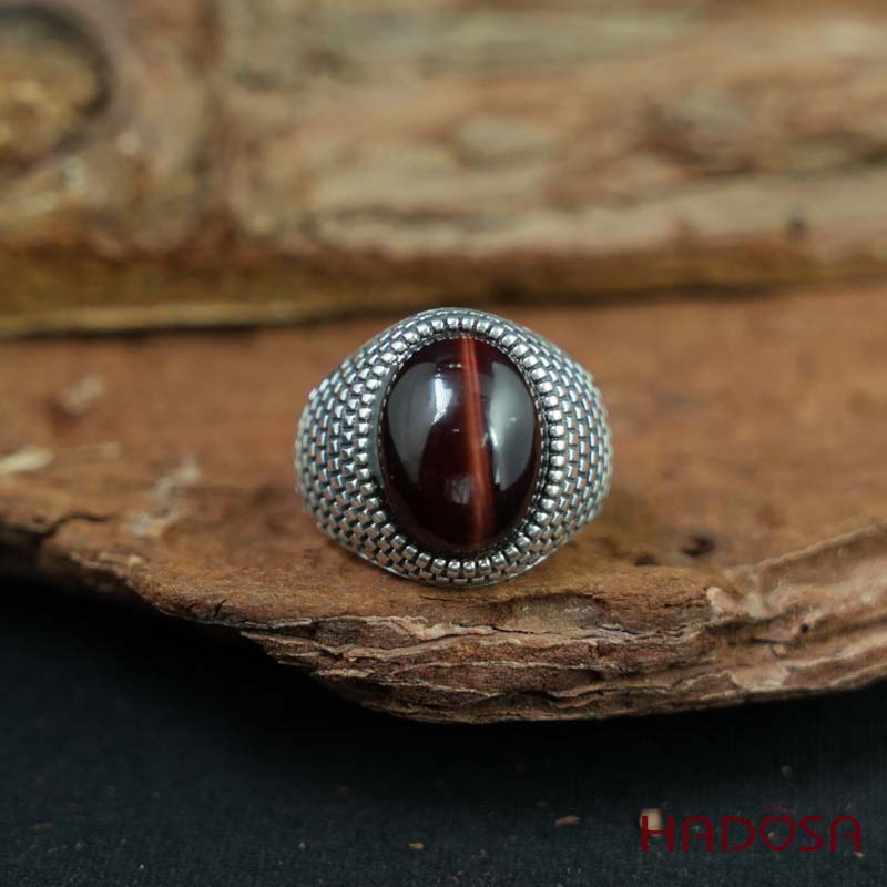 Nhẫn bạc 925 mặt đá mắt hổ nâu đỏ 12x16mm