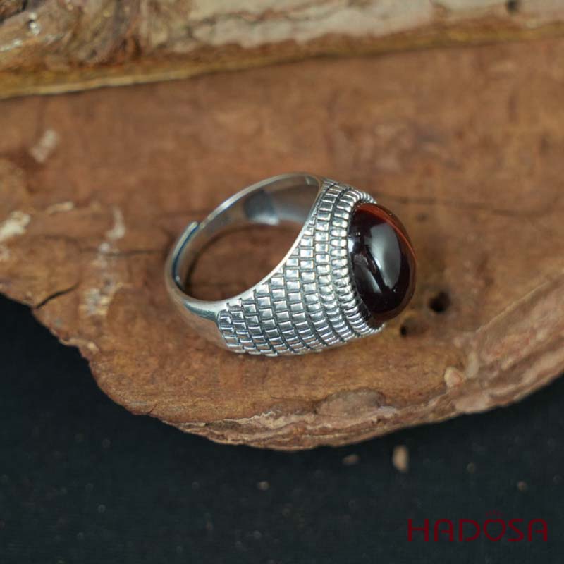 Nhẫn bạc 925 mặt đá mắt hổ nâu đỏ 12x16mm