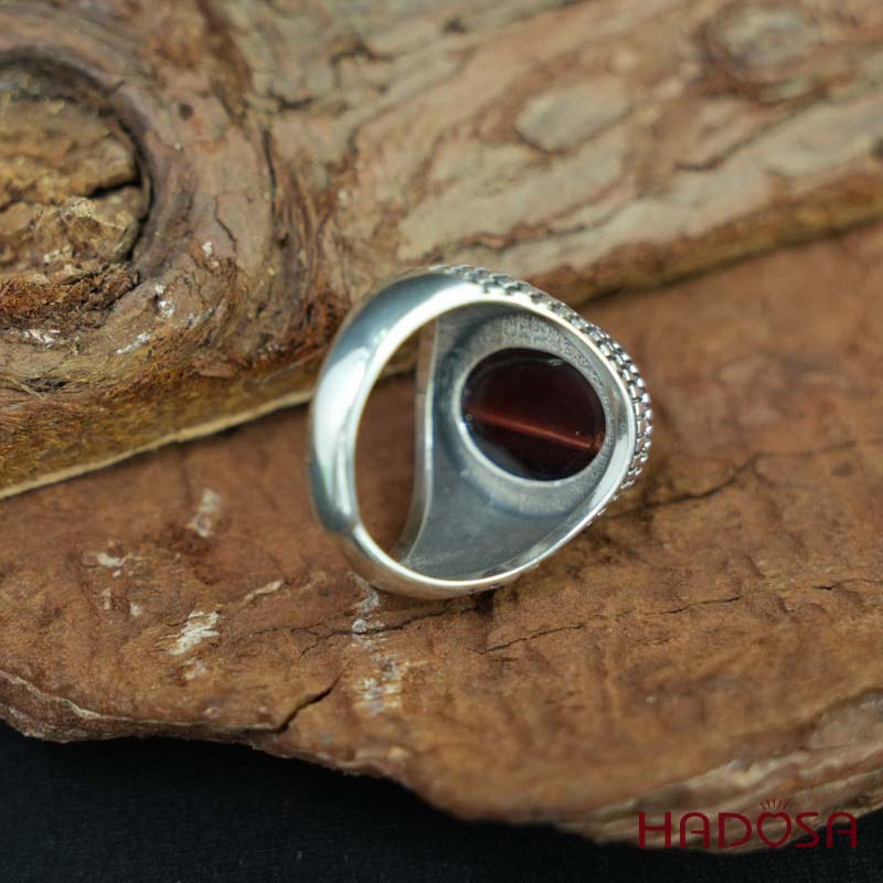 Nhẫn bạc 925 mặt đá mắt hổ nâu đỏ 12x16mm