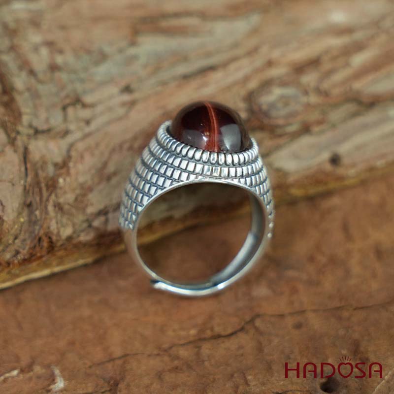 Nhẫn bạc 925 mặt đá mắt hổ nâu đỏ 12x16mm