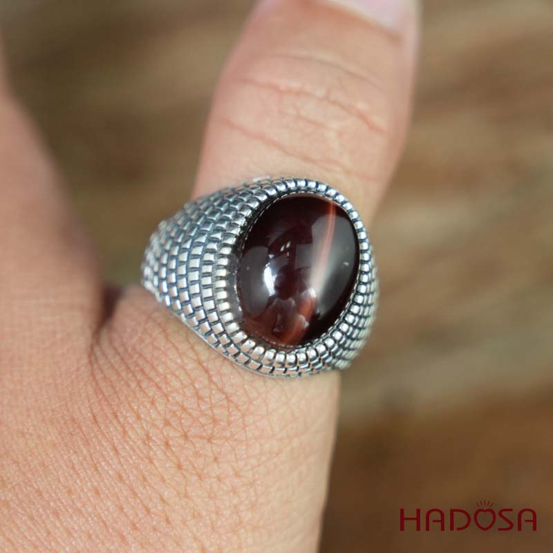 Nhẫn bạc 925 mặt đá mắt hổ nâu đỏ 12x16mm