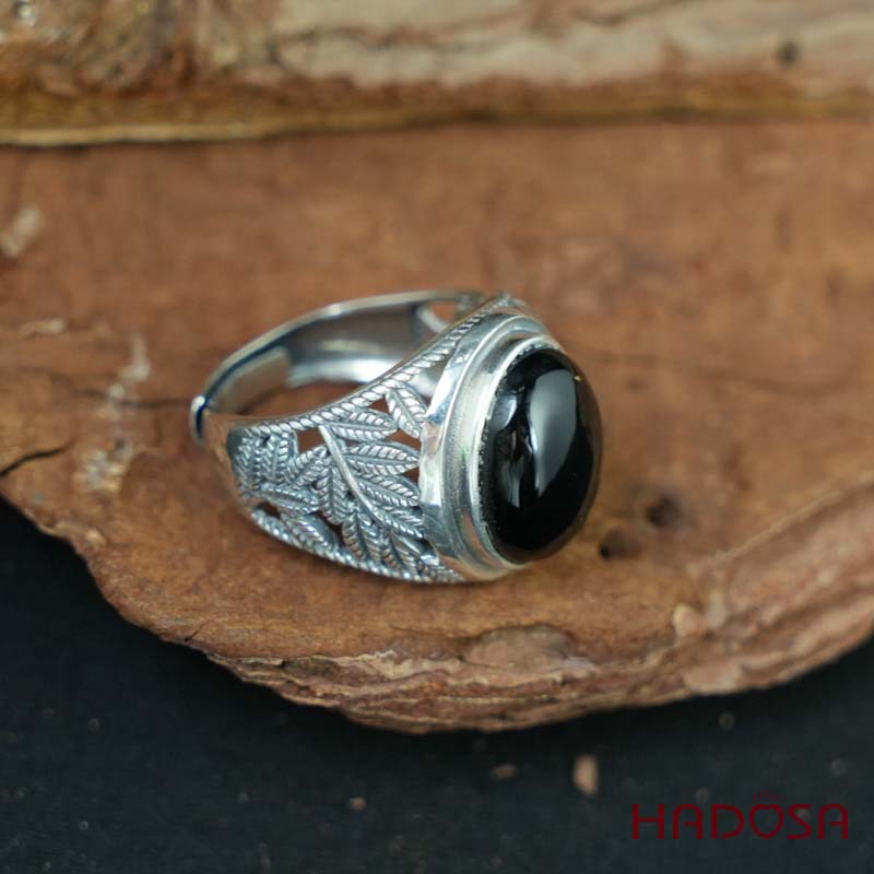Nhẫn bạc 925 mặt đá Chalcedony đen 12x16mm