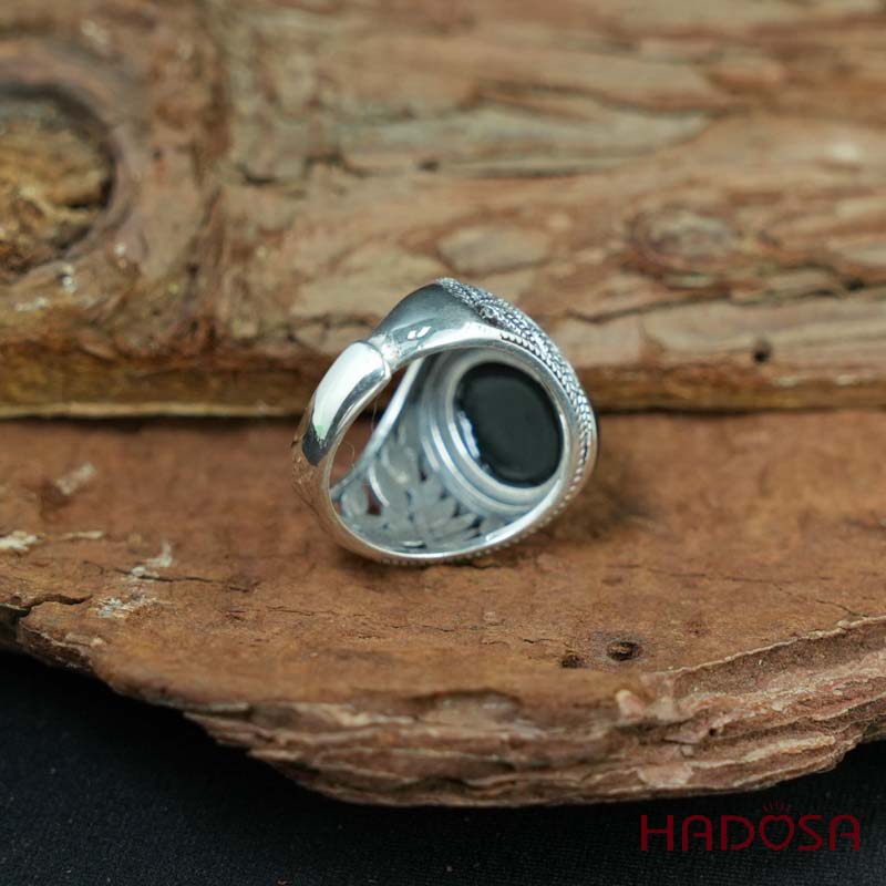 Nhẫn bạc 925 mặt đá Chalcedony đen 12x16mm