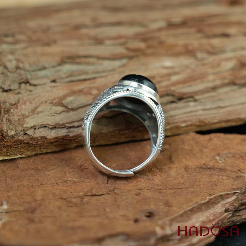 Nhẫn bạc 925 mặt đá Chalcedony đen 12x16mm