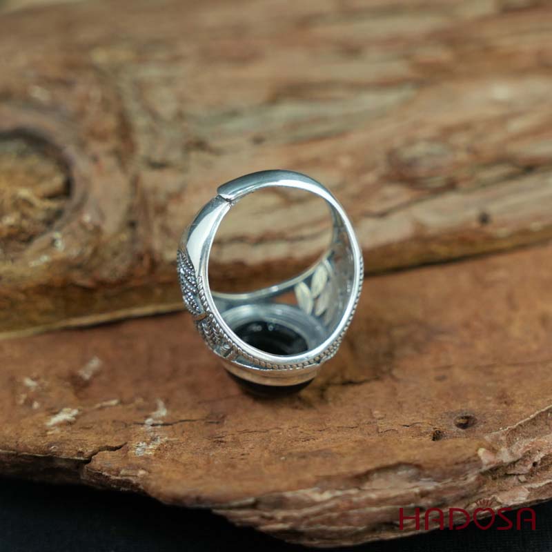 Nhẫn bạc 925 mặt đá Chalcedony đen 12x16mm