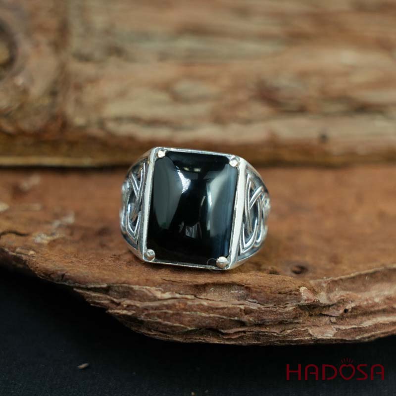 Nhẫn bạc 925 mặt đá mắt hổ xanh đen chữ nhật 12x16mm