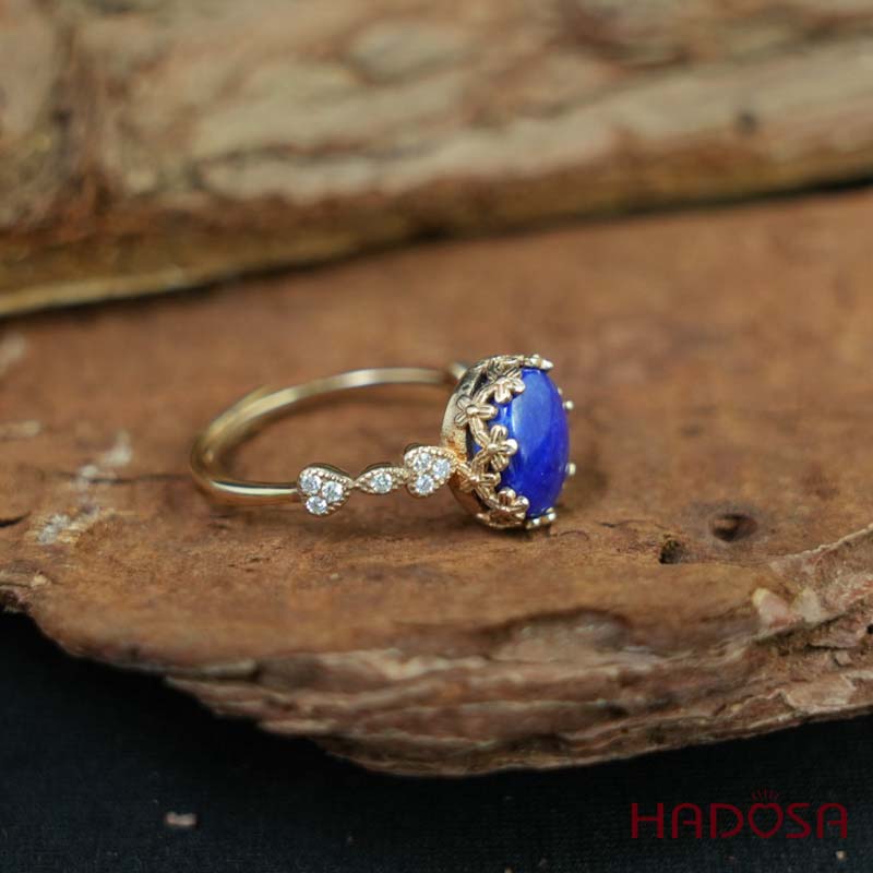 Nhẫn đính đá Lapis oval 7x9mm bạc mạ vàng