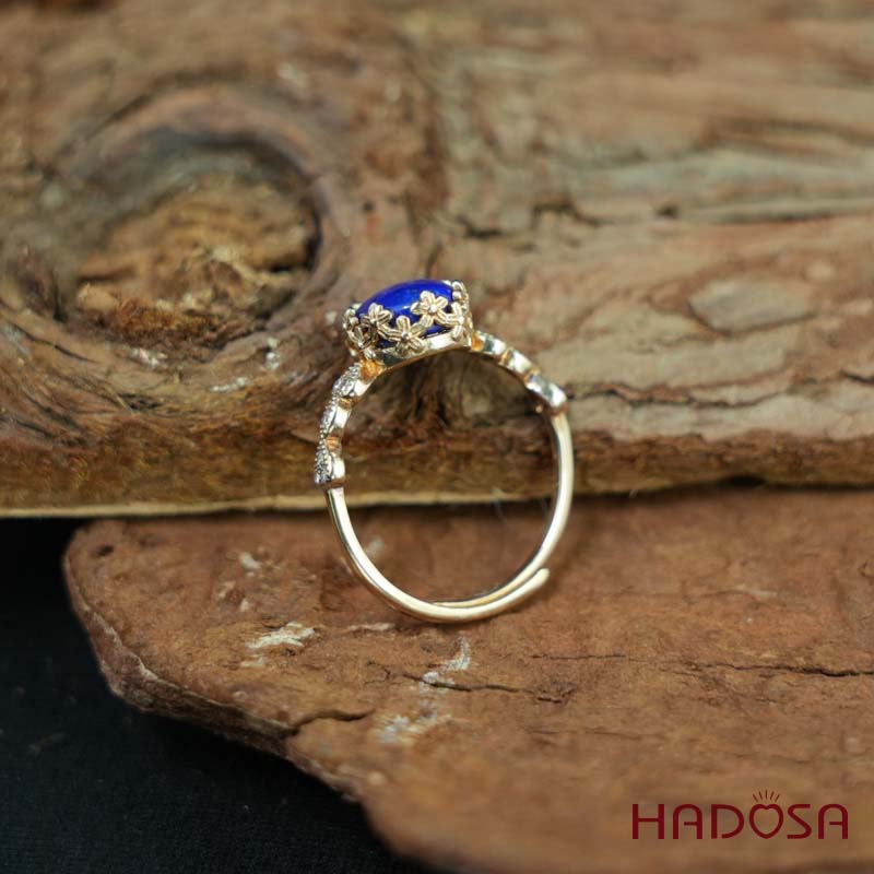 Nhẫn đính đá Lapis oval 7x9mm bạc mạ vàng