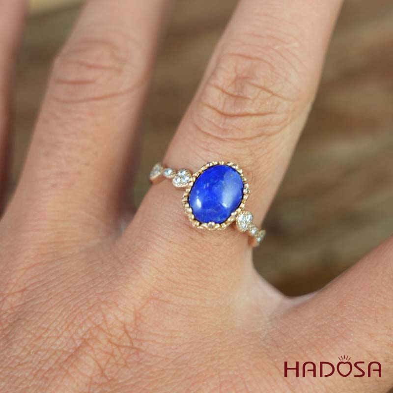 Nhẫn đính đá Lapis oval 7x9mm bạc mạ vàng