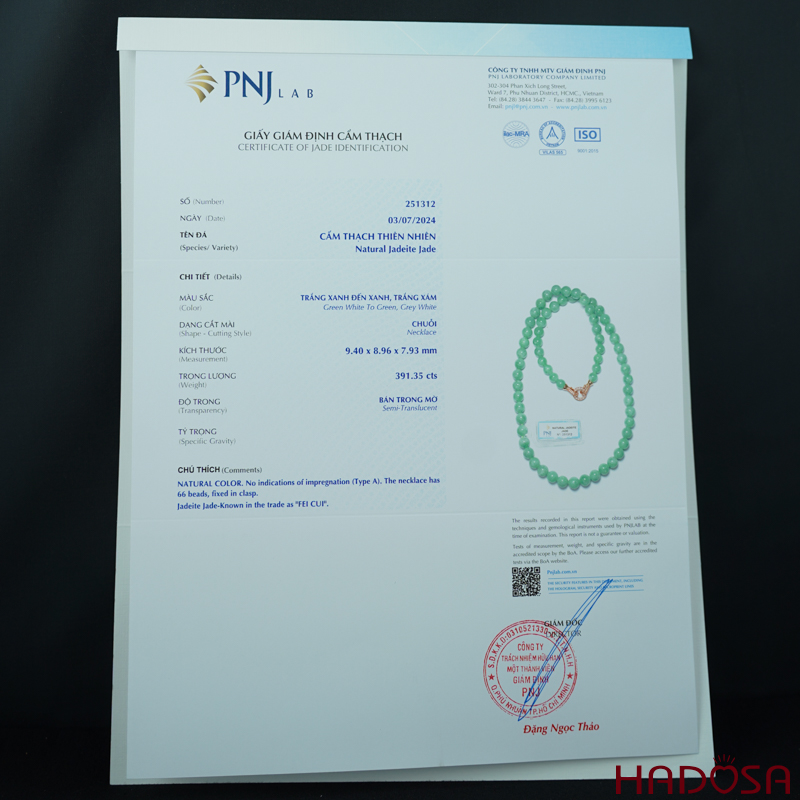 Dây chuyền ngọc Cẩm Thạch Type A xanh lý trong cao cấp