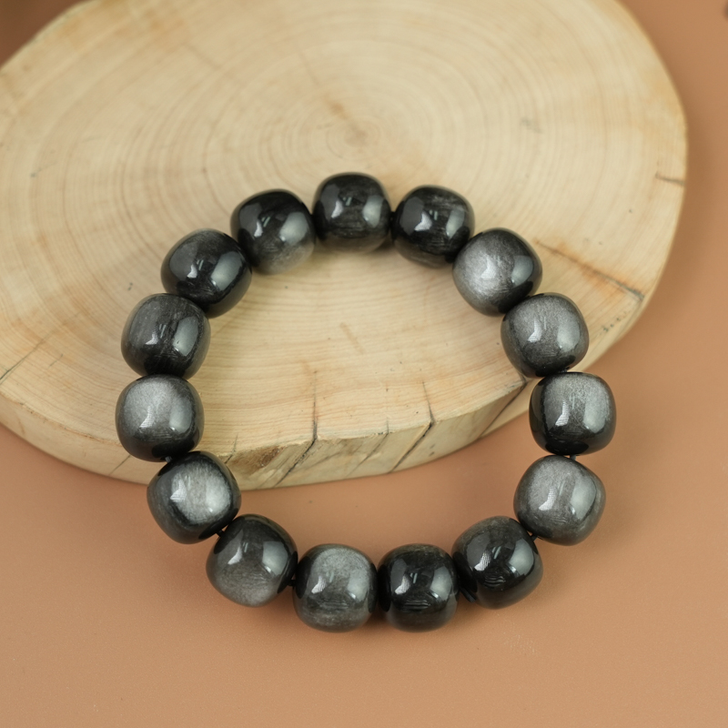 Vòng tay đá Obsidian-Hắc Diện Thạch ánh bạc hạt trụ 13x14mm