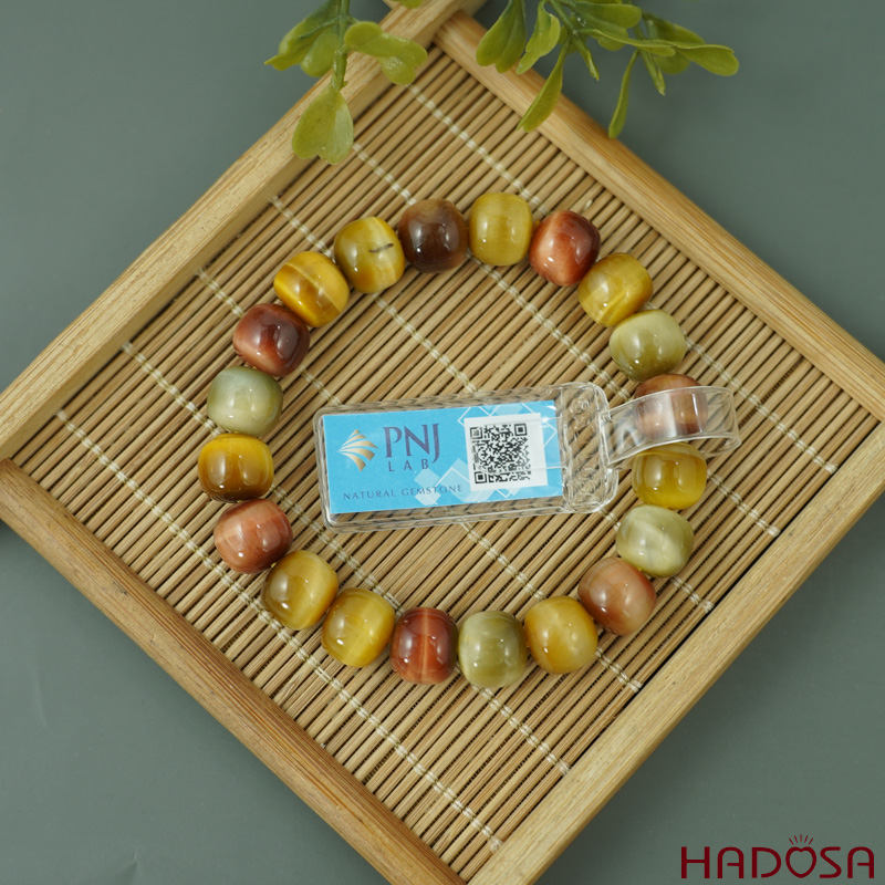 Vòng đá Mắt Hổ Tam Tài hạt trụ 12mm chuẩn 6A