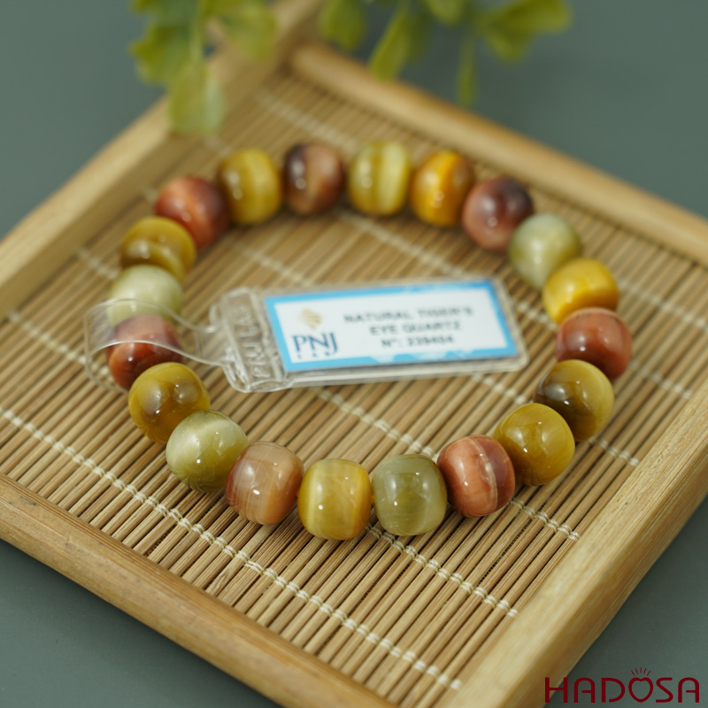 Vòng đá Mắt Hổ Tam Tài hạt trụ 12mm chuẩn 6A