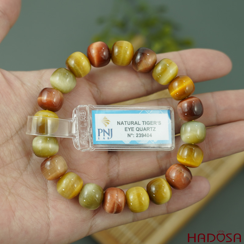 Vòng đá Mắt Hổ Tam Tài hạt trụ 12mm chuẩn 6A