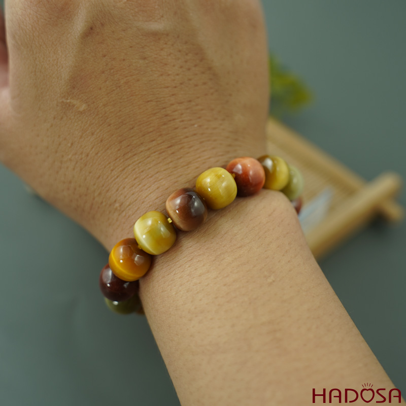 Vòng đá Mắt Hổ Tam Tài hạt trụ 12mm chuẩn 6A