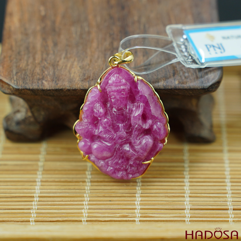 Mặt Quan Âm Ruby Thái đỏ vàng 18K 35x30mm cao cấp