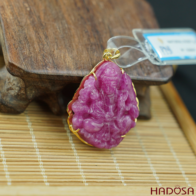 Mặt Quan Âm Ruby Thái đỏ vàng 18K 35x30mm cao cấp