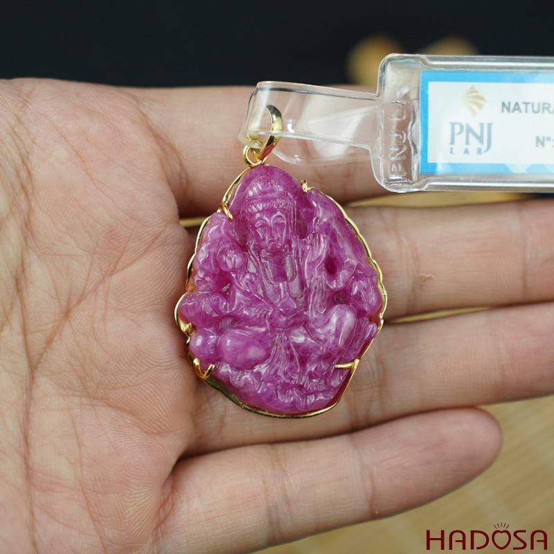Mặt Quan Âm Ruby Thái đỏ vàng 18K 35x30mm cao cấp