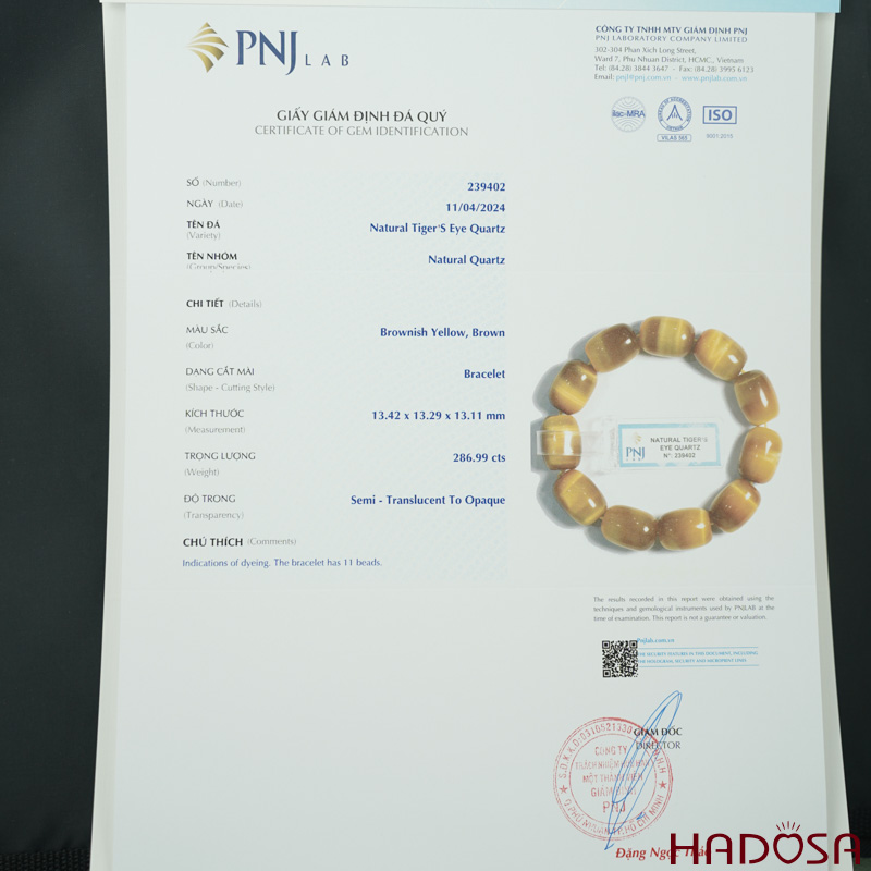 Vòng đá Mắt Hổ vàng lu thống 13*18 chuẩn 6A