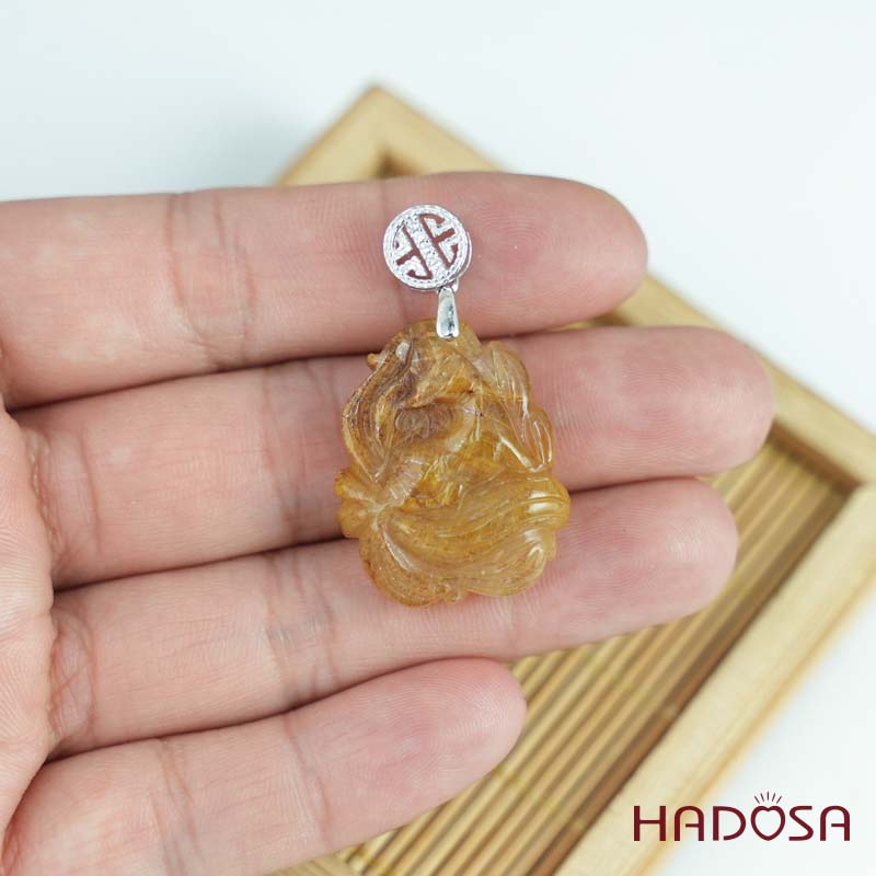 Mặt Hồ Ly chúa Thạch anh tóc vàng nâu khoen bạc 925