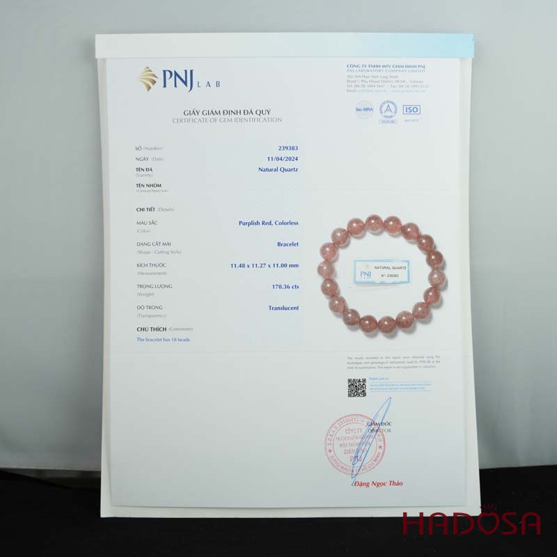 Vòng đá Thạch Anh Dâu Tây 11mm chuẩn 6A