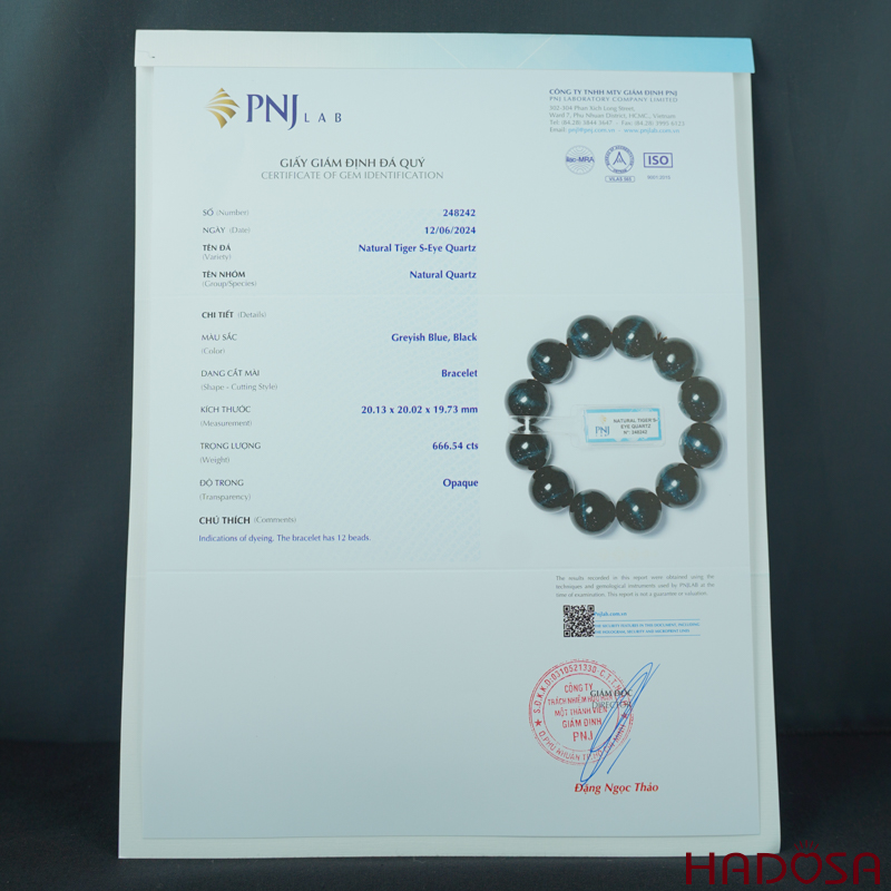 Vòng đá Thạch Anh mắt hổ xanh đen 20mm chuẩn 6A