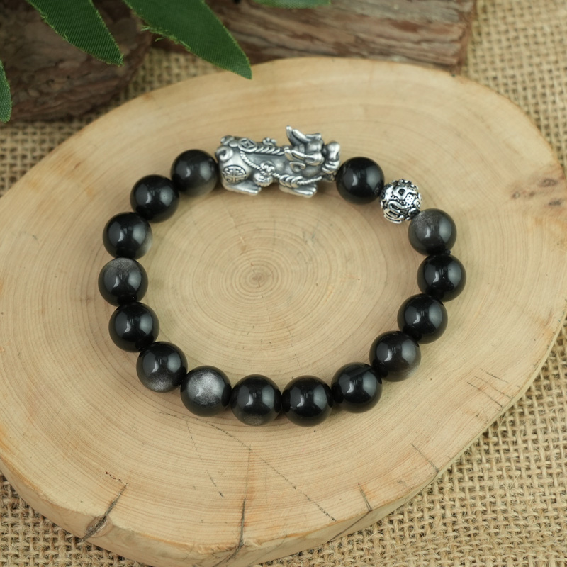 Vòng tay đá Obsidian-Hắc Diện Thạch ánh bạc 10mm mix tỳ hưu bạc