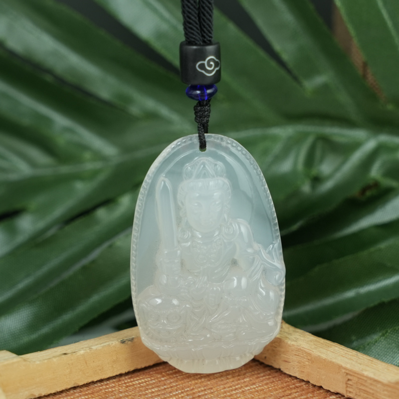 Mặt Vân Thù (Mão) đá mã não trắng 49mm