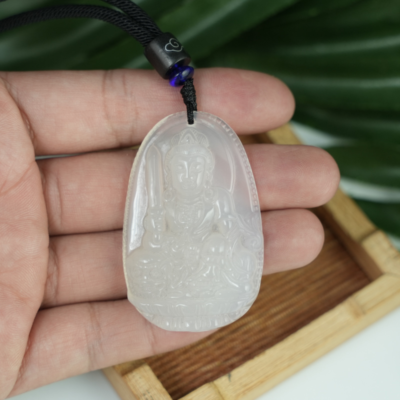 Mặt Vân Thù (Mão) đá mã não trắng 49mm