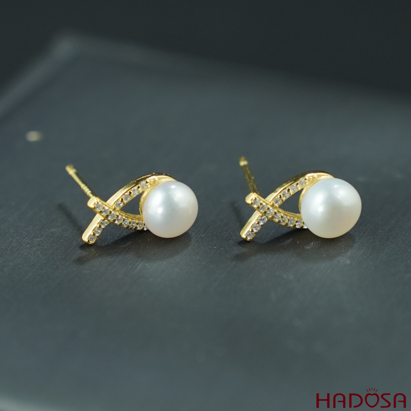 Bông tai ngọc trai hạt bầu 6.7mm bạc 925