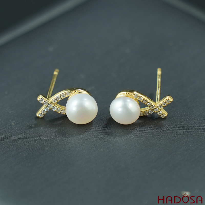 Bông tai ngọc trai hạt bầu 6.7mm bạc 925