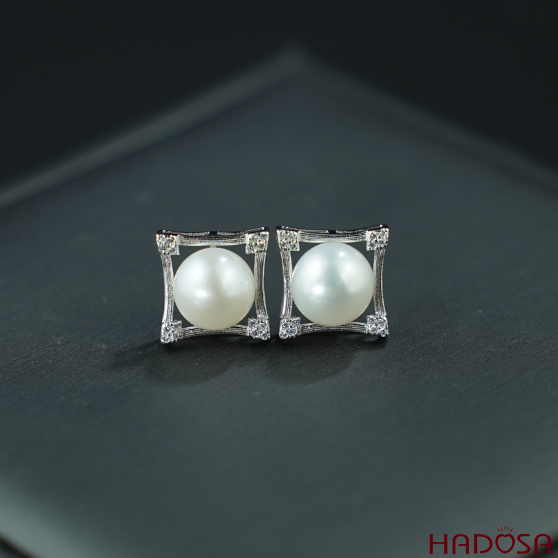 Bông tai ngọc trai hạt bầu 8-8.5mm bạc 925