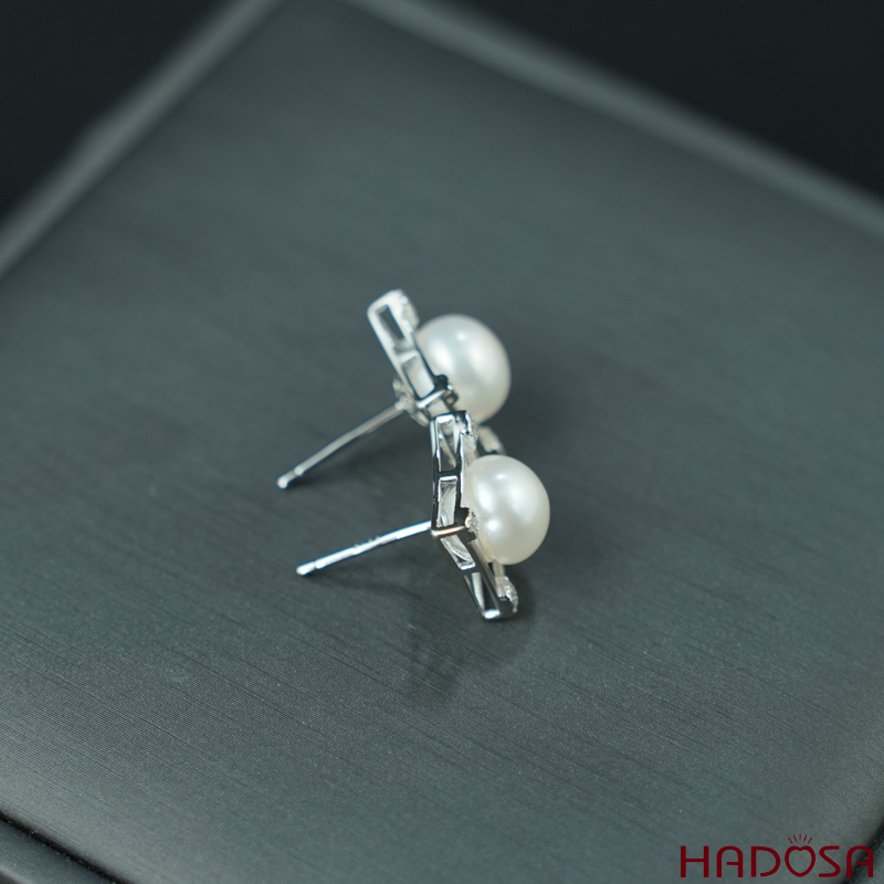 Bông tai ngọc trai hạt bầu 8-8.5mm bạc 925